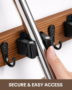 Lorbro wooden mop organizer base securely holds multiple tools in laundry or garage.