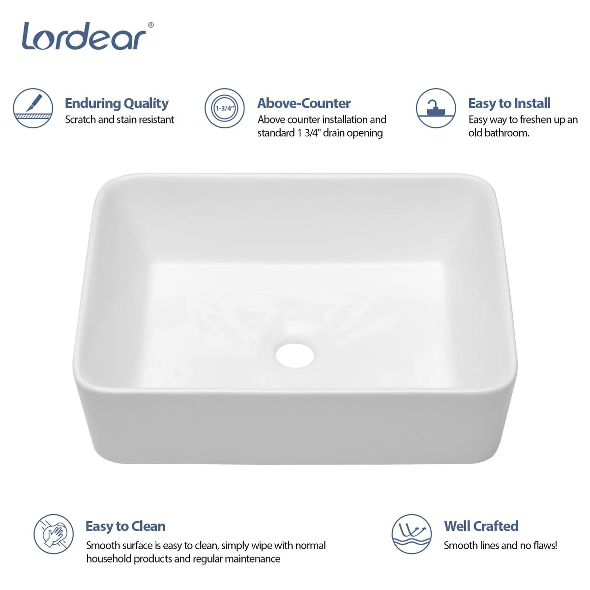 Lordear rectangular vessel sink front view showcases sleek white surface for modern bathrooms.
