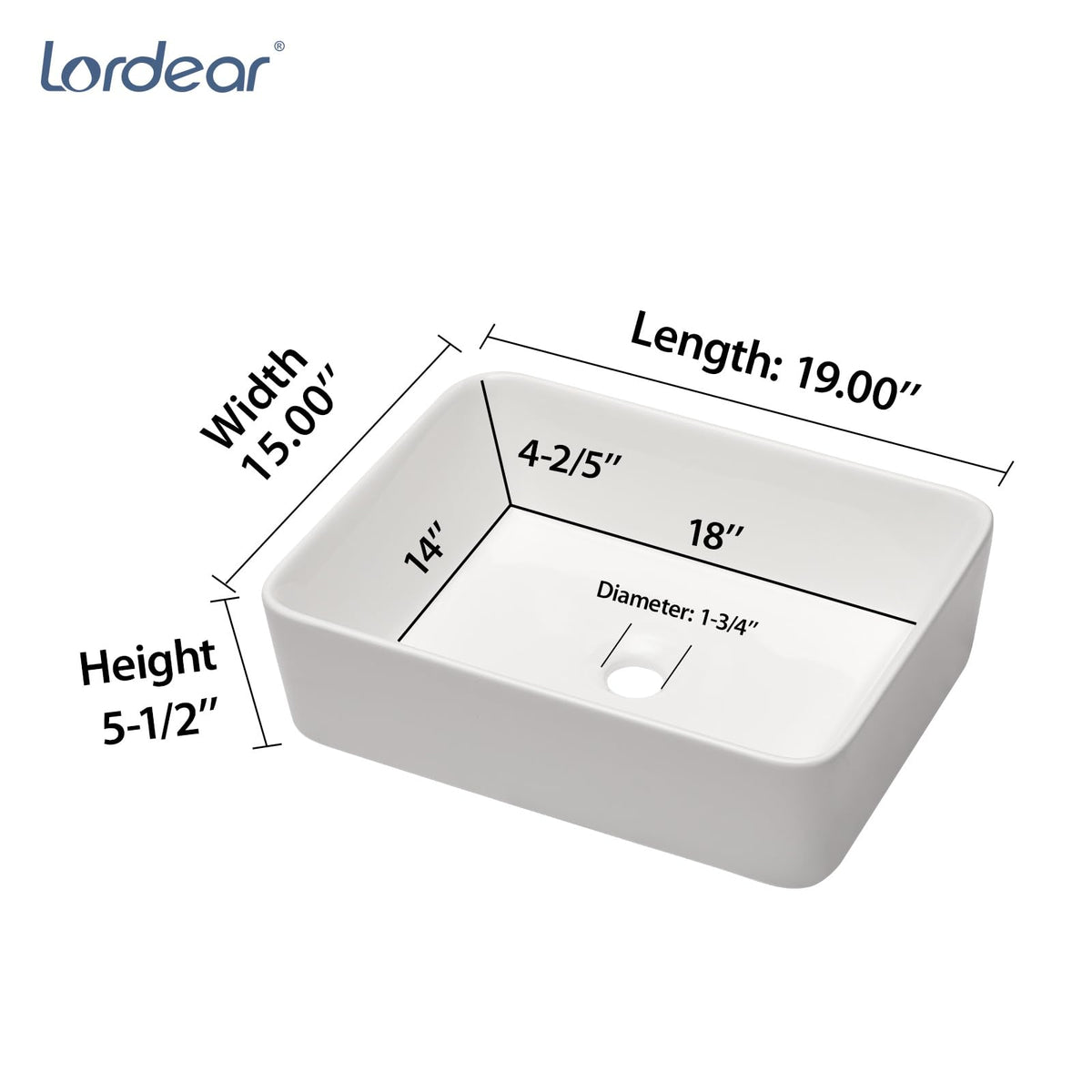Lordear rectangular vessel sink side view highlights slim profile suitable for compact counters.