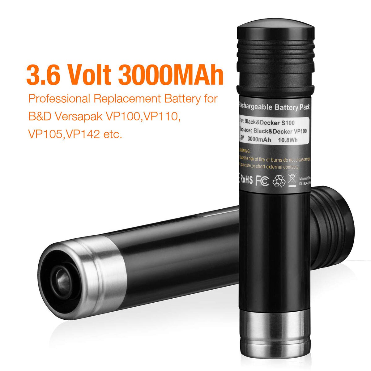 LORDONE 2-pack Ni-MH replacement batteries for Versapak, side view, compact handheld design