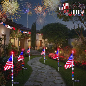LORRYTE 6-pack outdoor solar lights with red white blue stars for a festive National Day ambiance.