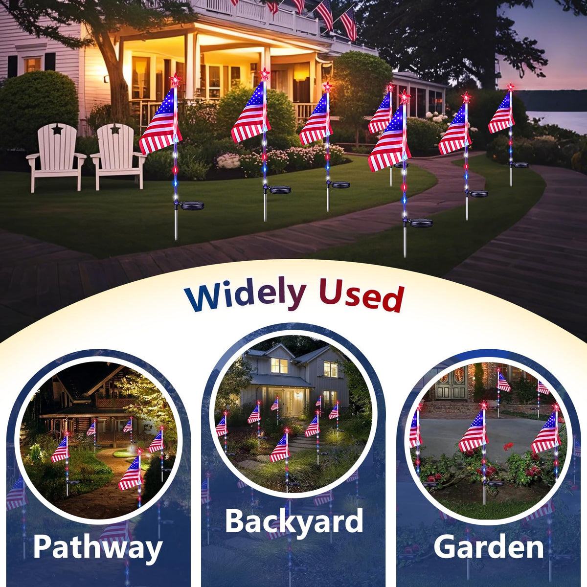 LORRYTE solar red-white-blue lights illuminate garden paths at night.