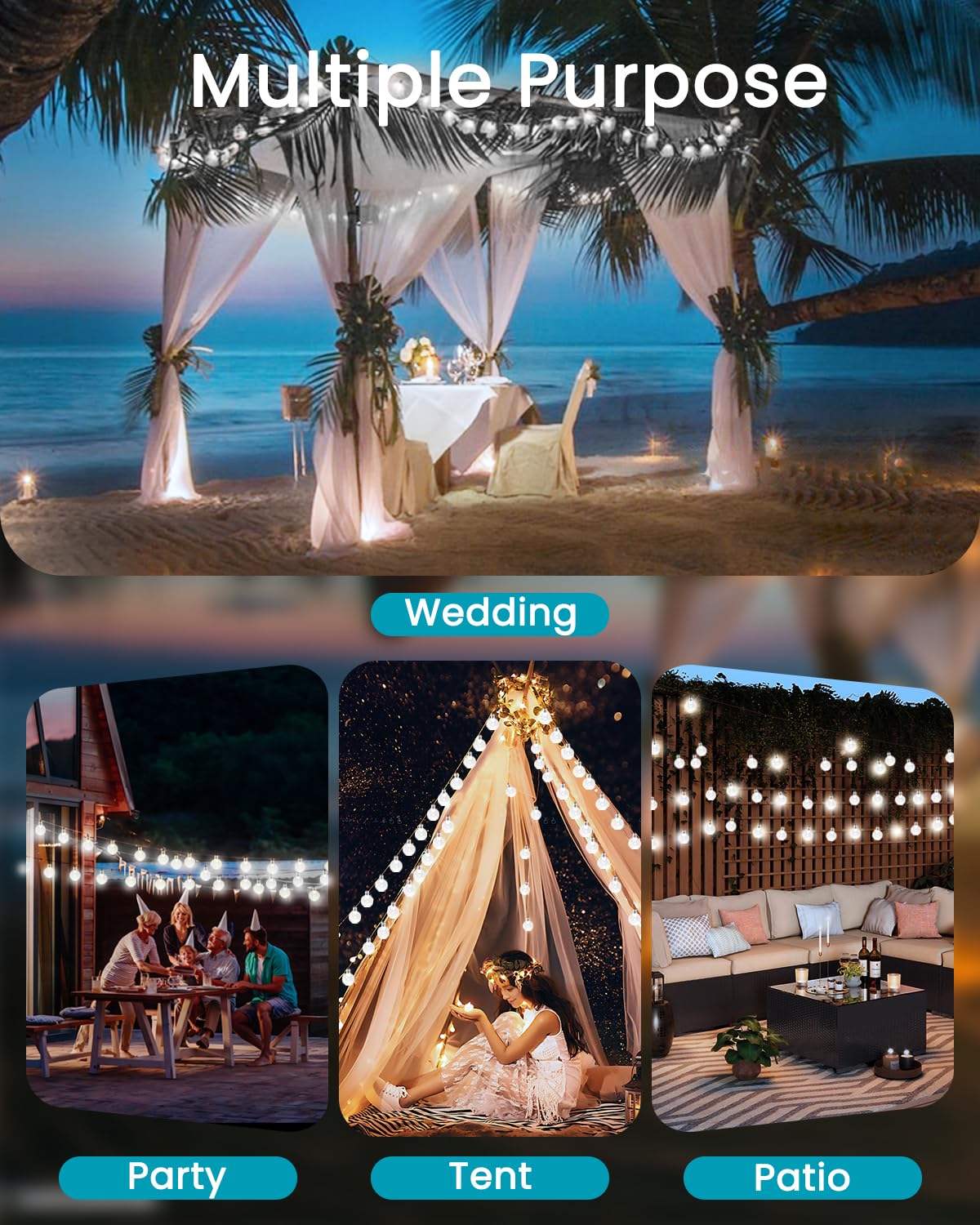 LORRYTE White wedding party lights illuminate celebrations with solar power.