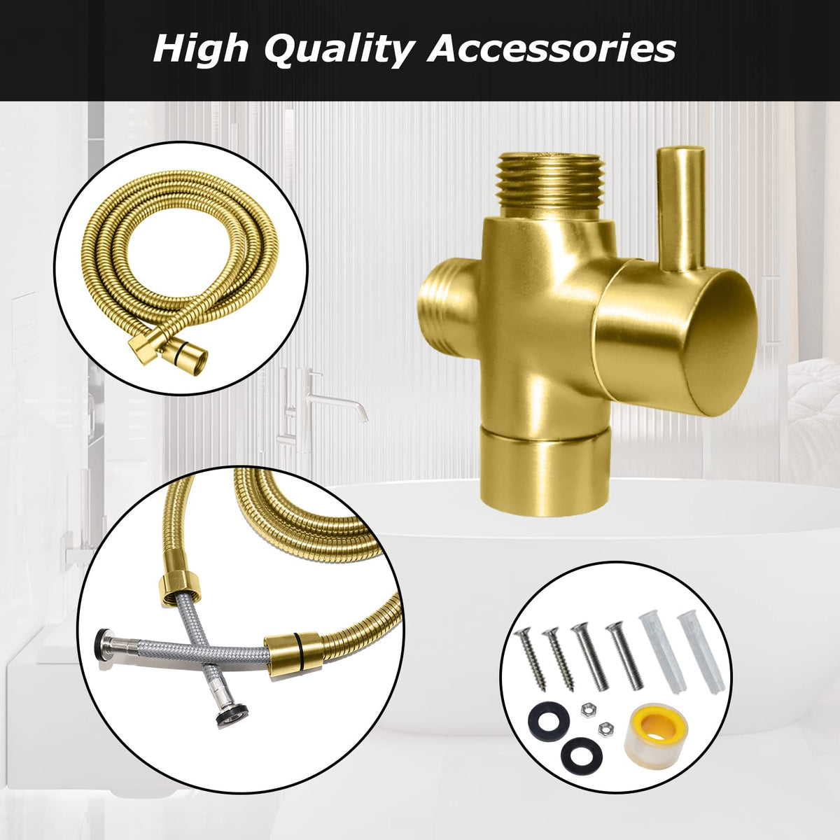 LOSCHEN gold bidet sprayer with brushed finish and durability highlight.