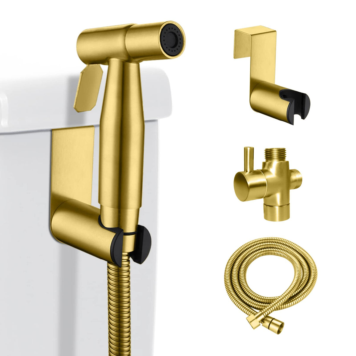 LOSCHEN gold bidet sprayer front view for personal hygiene and pet bathing.