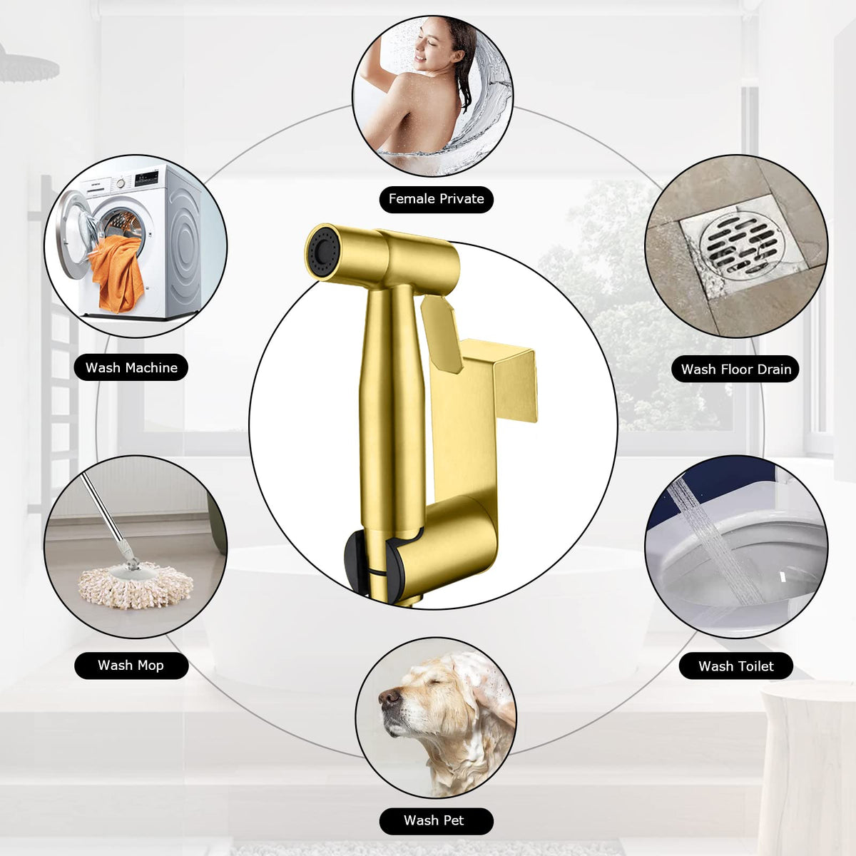 LOSCHEN gold bidet sprayer in bathroom setup for multiple uses.