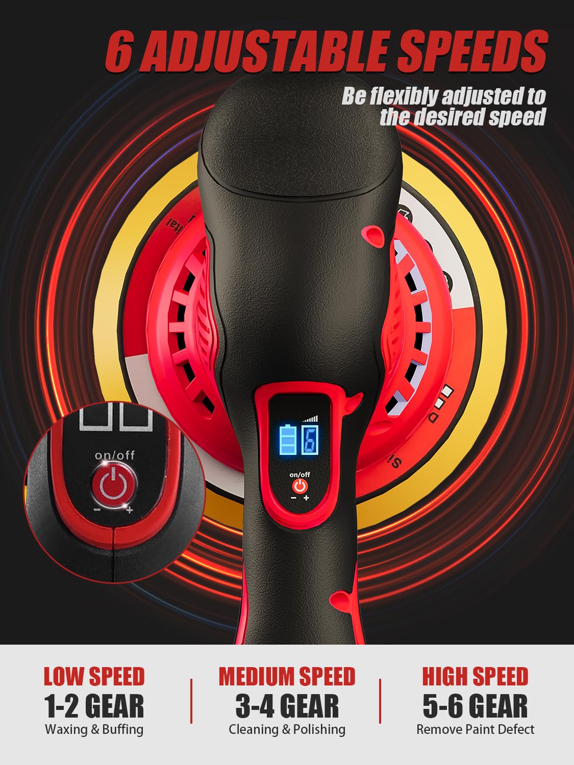Compact 6-inch orbital buffer designed for easy handling.