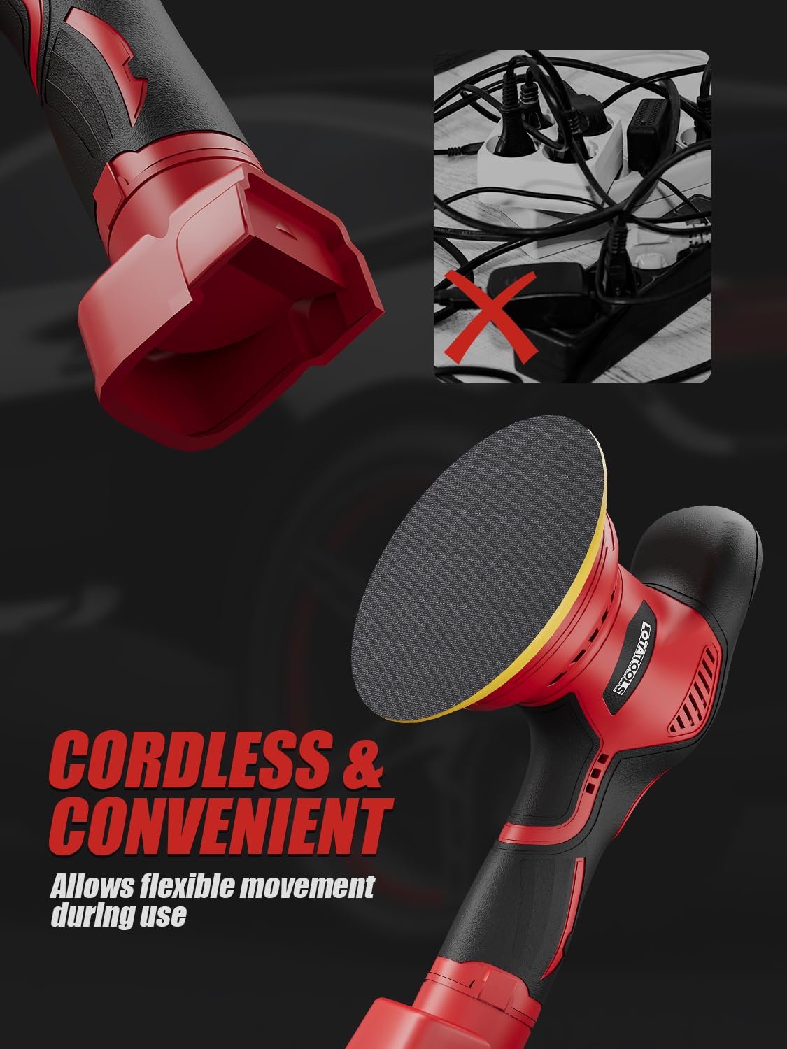 Cordless buffer used on car finish for efficient detailing.