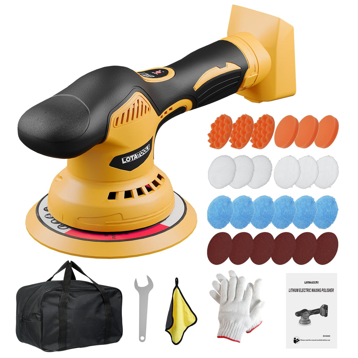 LotaTools dual-action polisher 5500rpm highlights smooth car paint and detailing results.