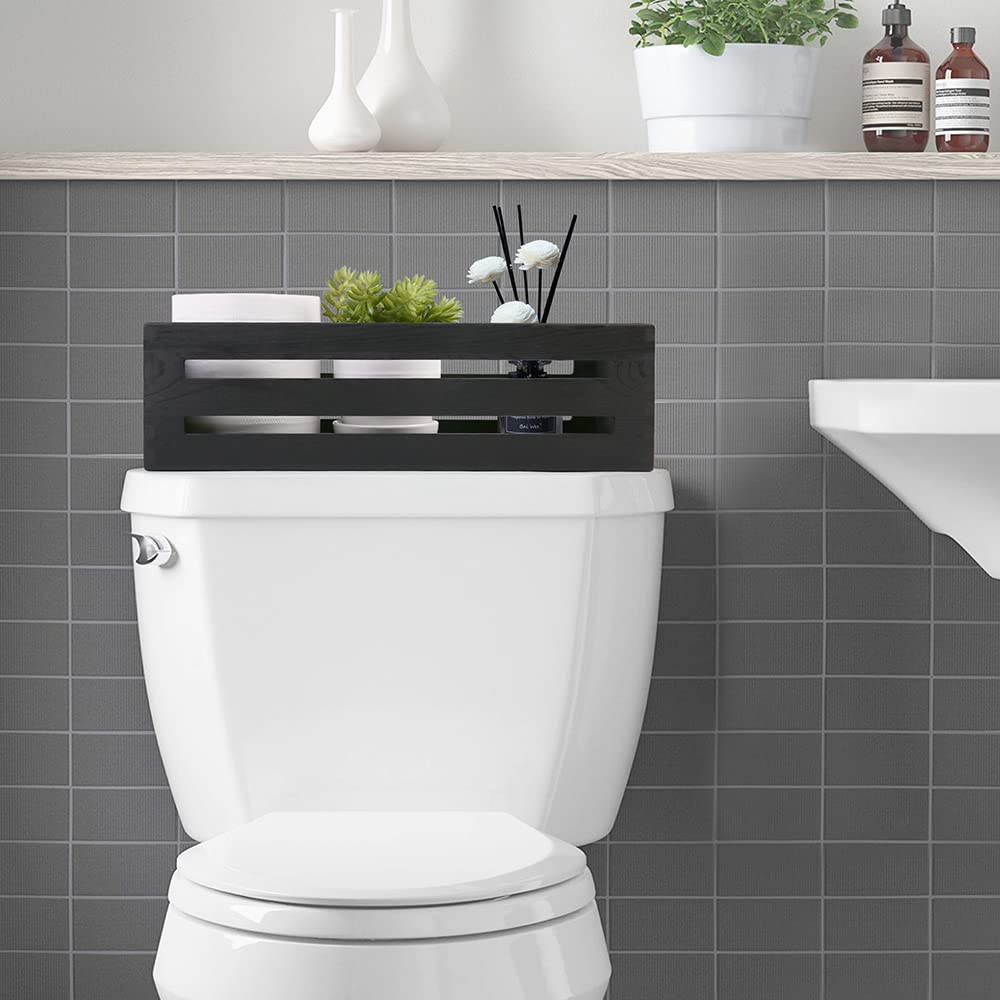 LotFancy pine wood toilet paper holder keeps rolls neatly within reach.
