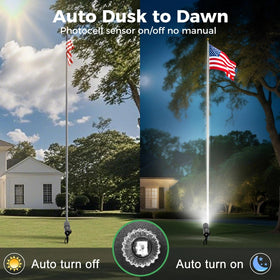 LOTMOS outdoor spotlight highlighting a flagpole with bright illumination