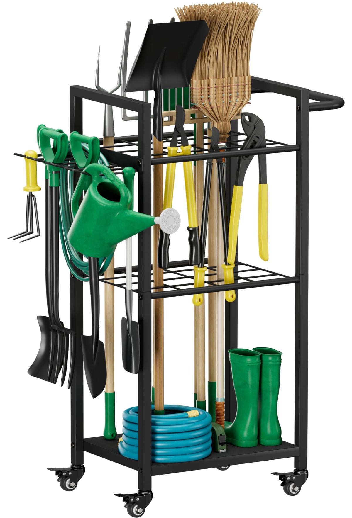 Lotspasie garden tool organizer with wheels enables easy transport of heavy tools.