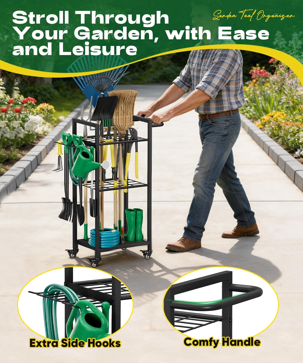 Lotspasie side hooks for tools provide quick access to rakes and shovels.