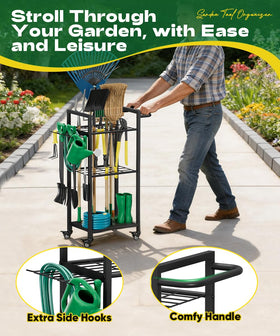Lotspasie side hooks for tools provide quick access to rakes and shovels.