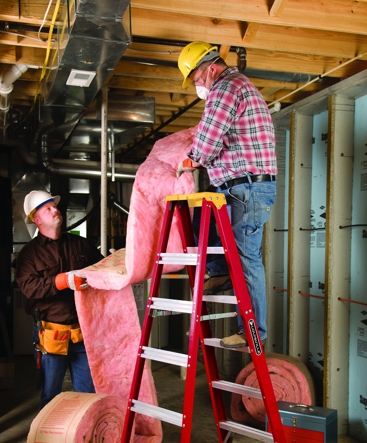 Louisville Ladder top with recessed parts tray and tool slots for organization