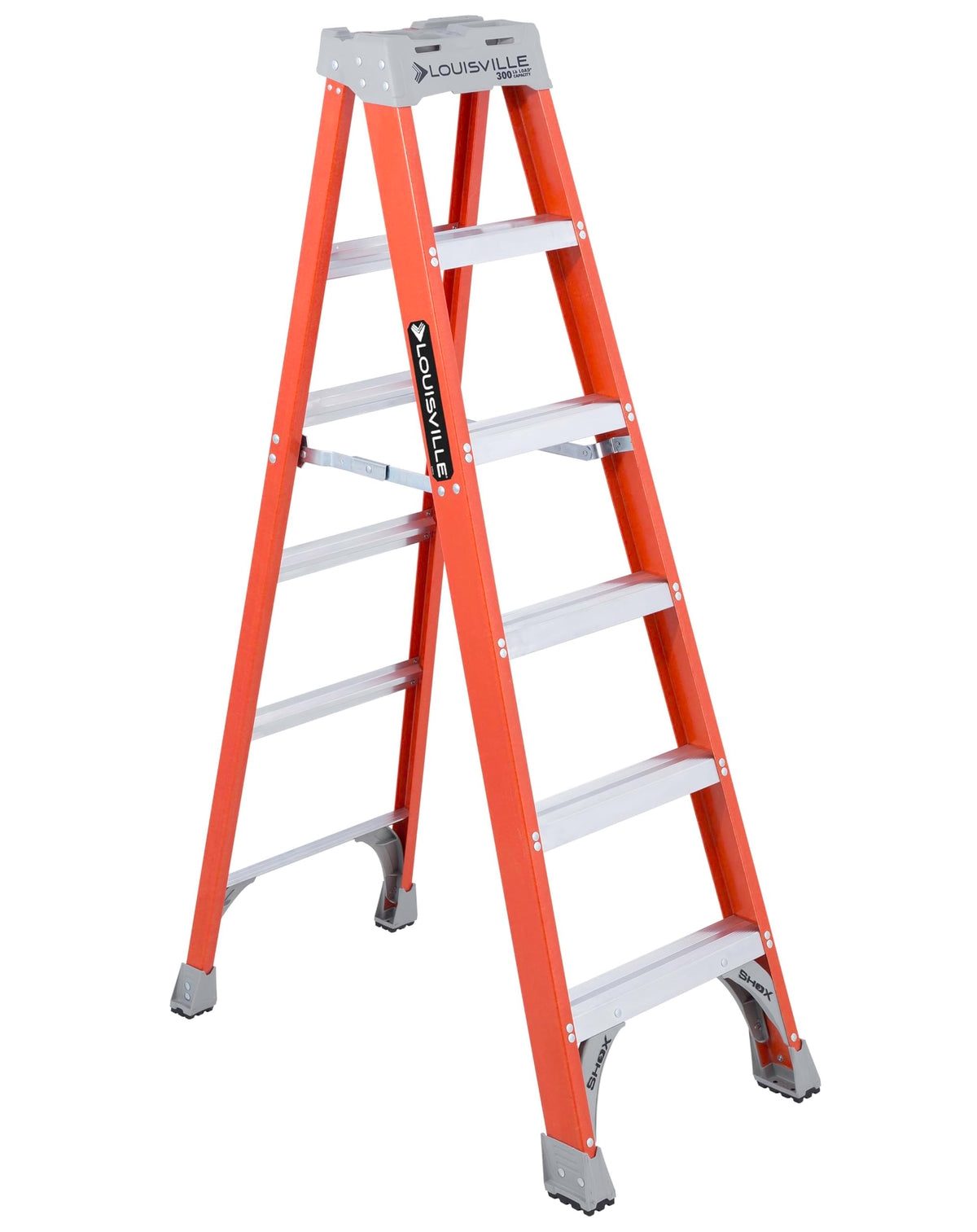 Louisville Ladder 6ft fiberglass step ladder with Pro-Top holds drills, paint, and fasteners.