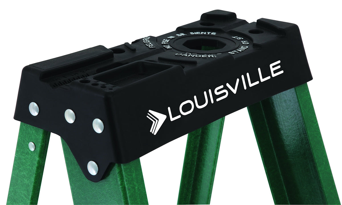 Louisville Ladder fiberglass ladder with ergonomic curved front for easy reach.