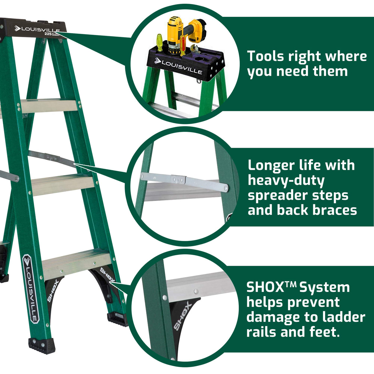 Louisville Ladder ProTop magnet tray top for quick tool access.