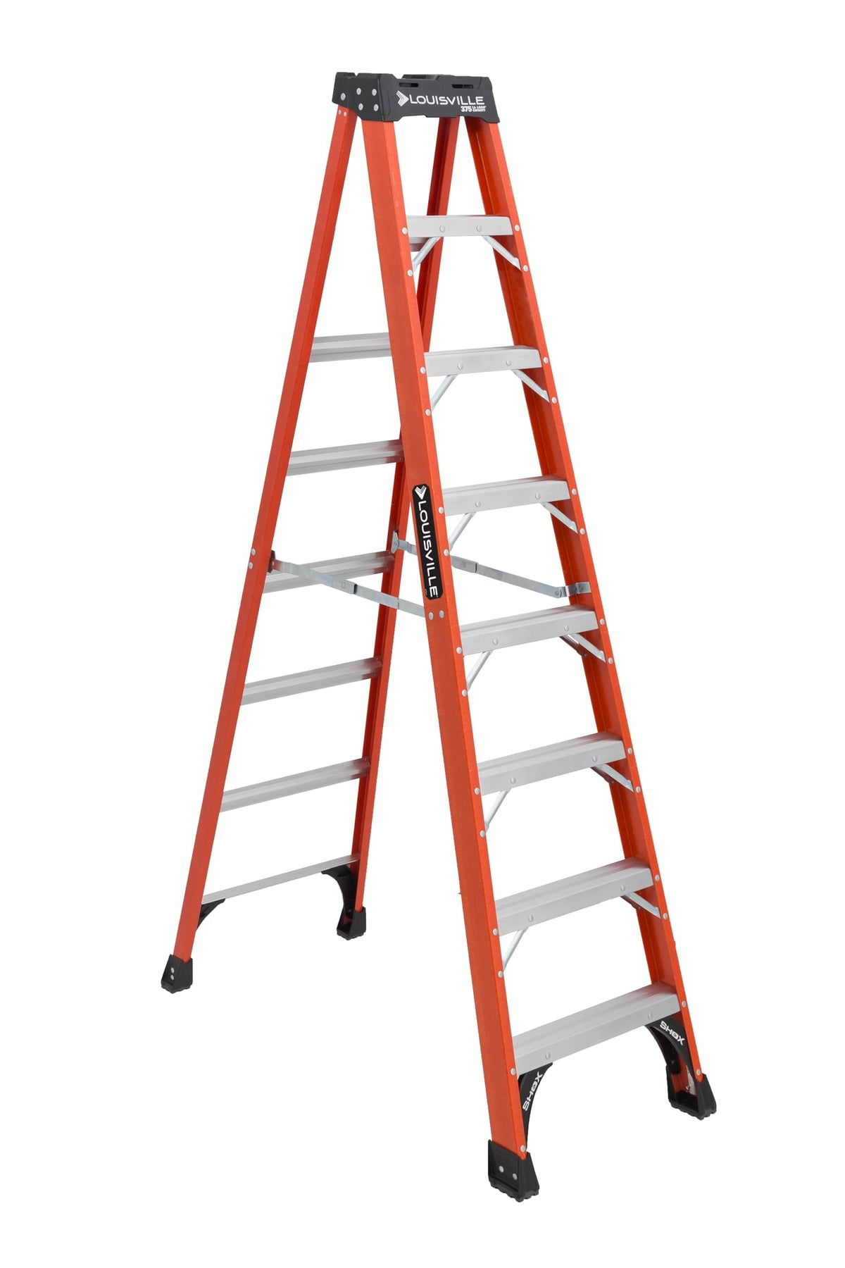 Louisville Ladder FS1408HD front view highlighting non-conductive fiberglass for safe electrical work