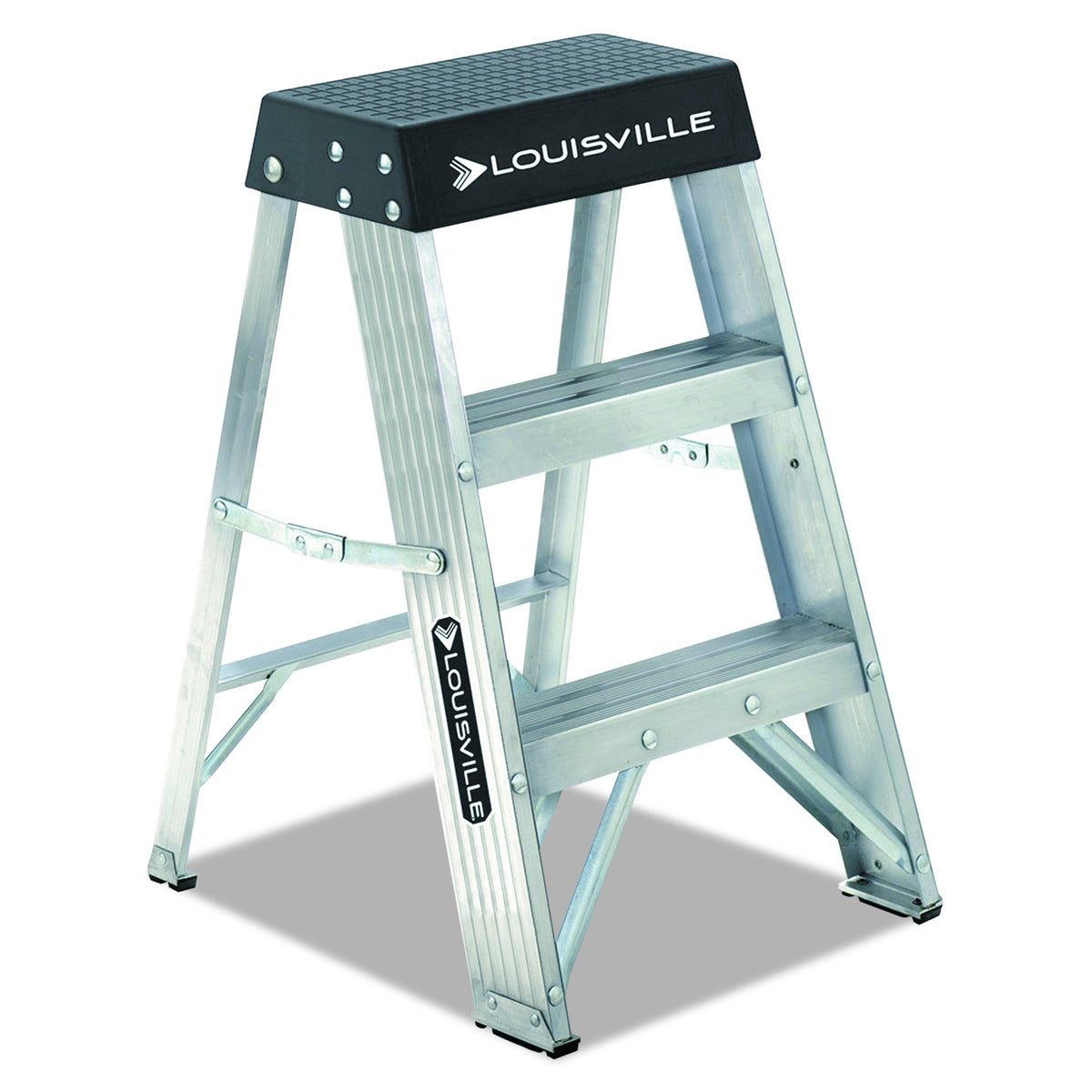 Louisville Ladder Pro Top with magnetic tray keeps tools within reach.