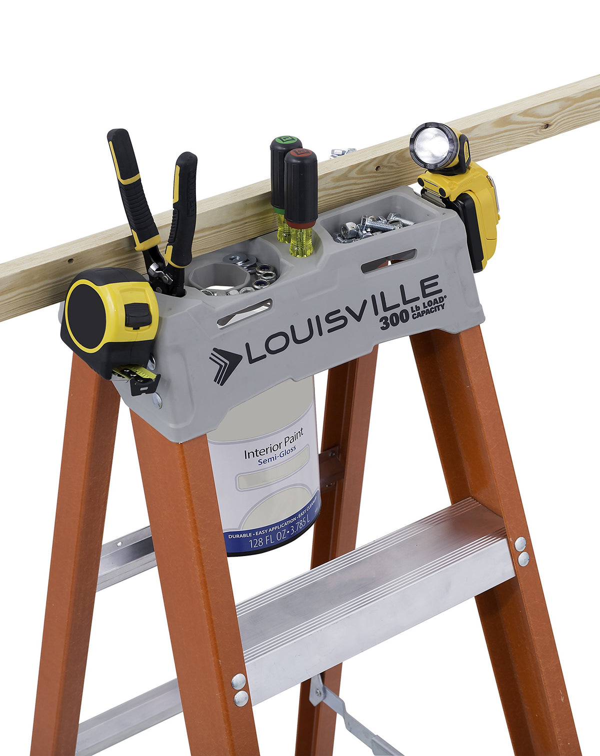 Paint bucket holder on Louisville Ladder Pro-Top for painting sessions