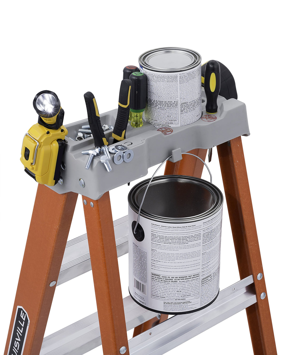 Pro-Top tool tray on Louisville Ladder for convenient tool organization