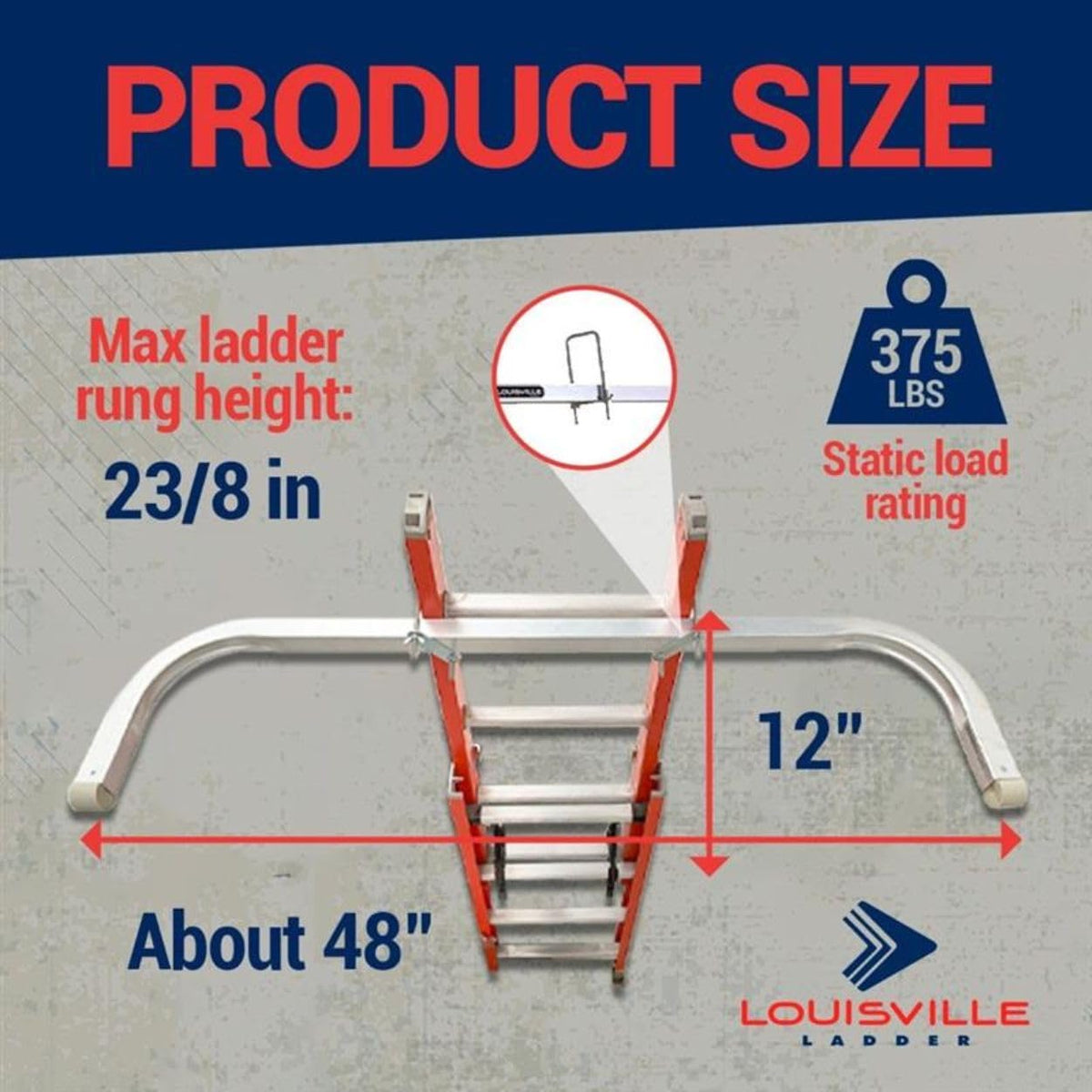 Louisville Ladder LP-2200 stabilizer extended span demonstrates safe 12-inch wall offset.