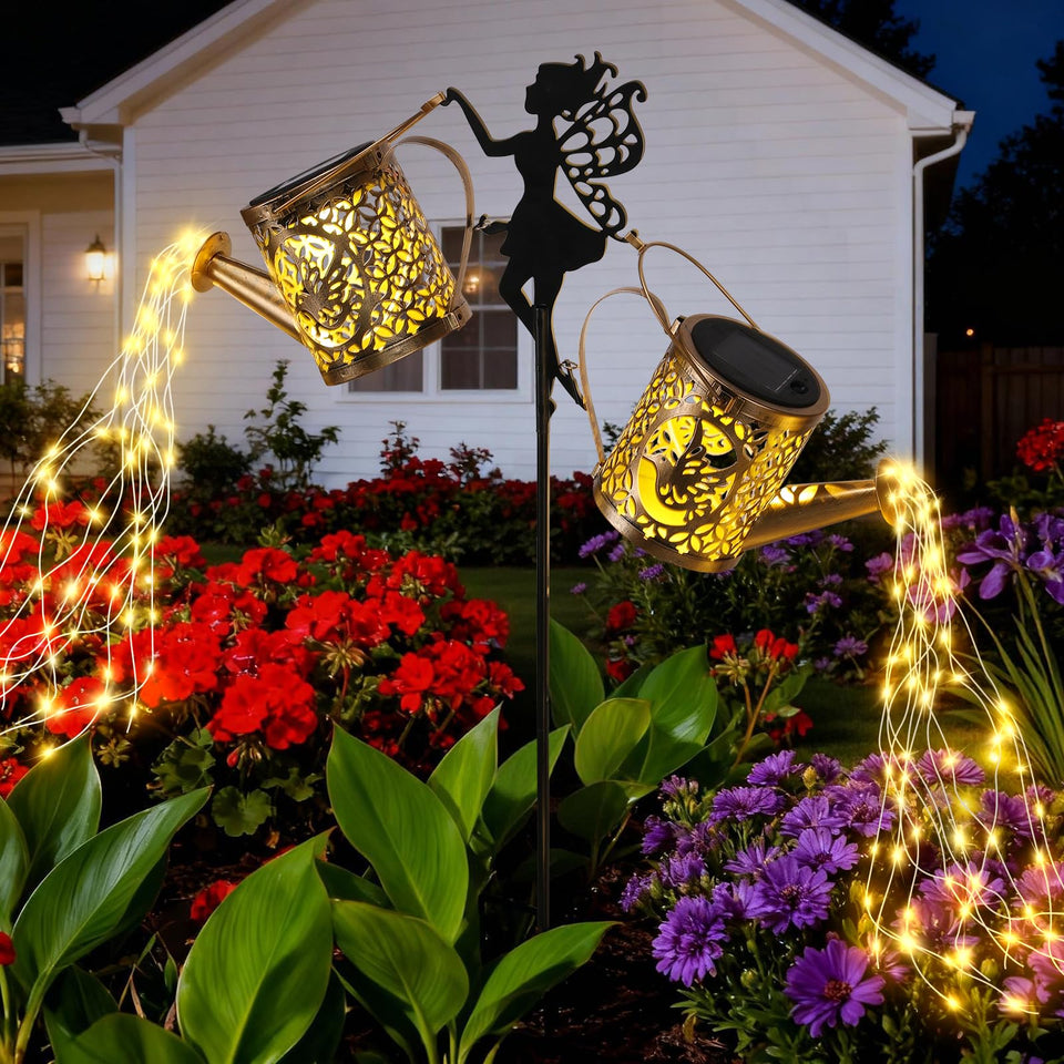 LOVERUIS solar watering can lights side view adds soft garden illumination at night.