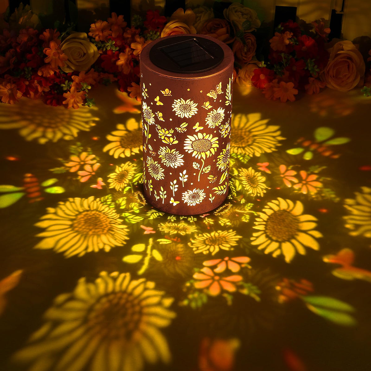 LOVERUIS sunflower-pattern lantern creates a cozy garden glow.