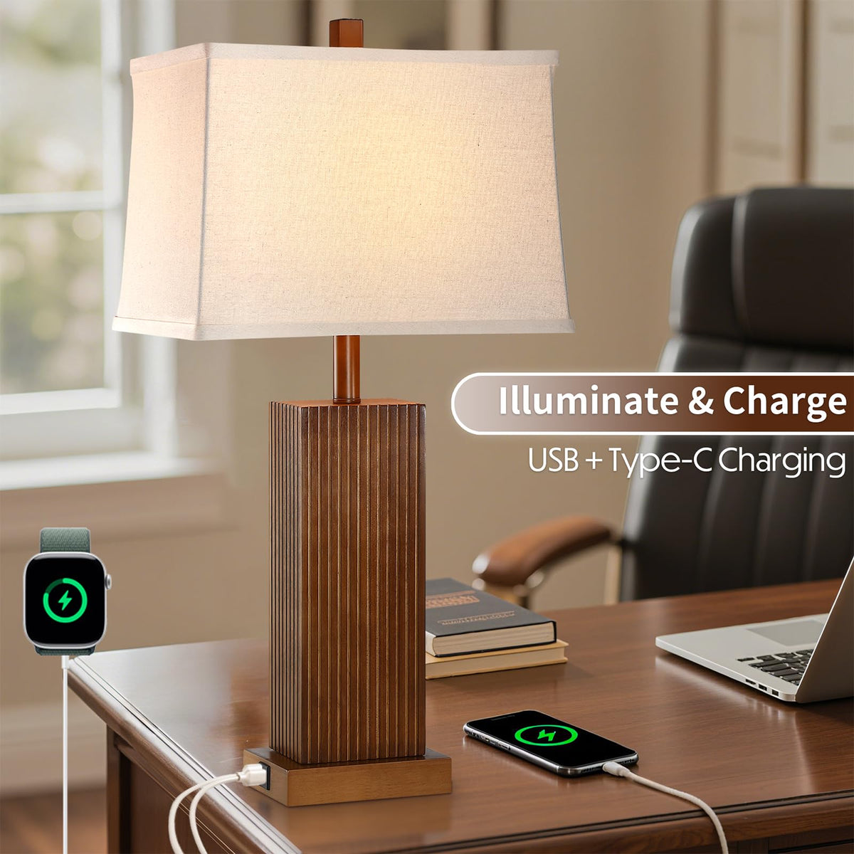 Lovlast bedside lamp on a nightstand supports easy charging at night.