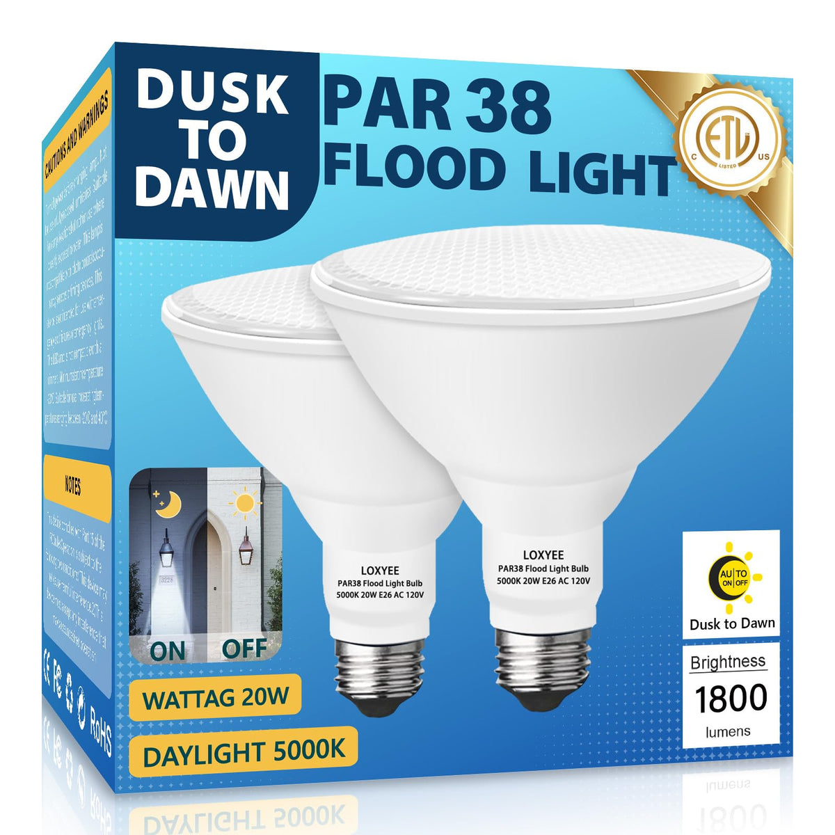 LOXYEE dusk-to-dawn LED PAR38 flood light bulbs for outdoor security lighting