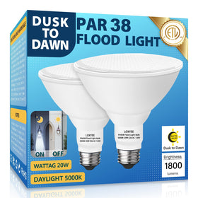 LOXYEE dusk-to-dawn LED PAR38 flood light bulbs for outdoor security lighting