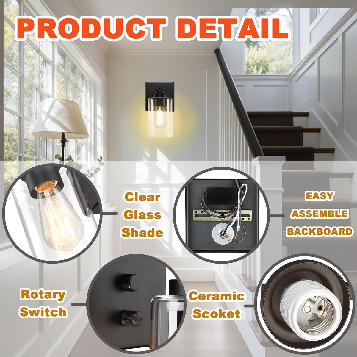 Loyareal matte black wall sconce close-up showing rotary dimming switch