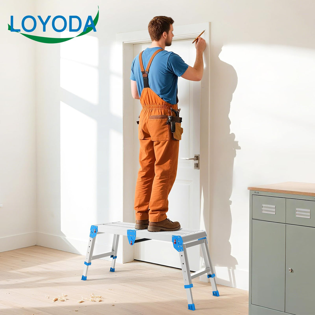Loyoda Work Platform folded blue compact ready for storage anywhere