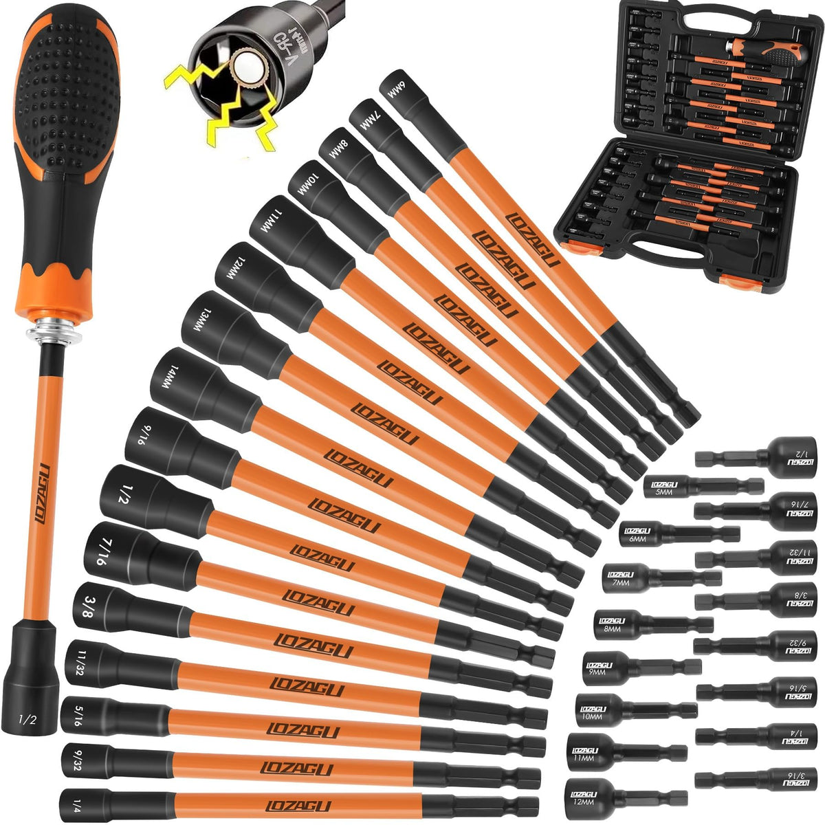 LOZAGU magnetic nut-driver set with long handle in a complete case for easy storage.