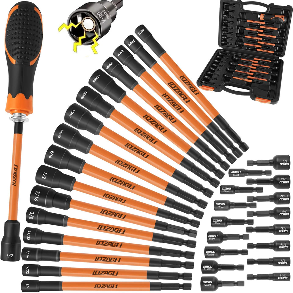 LOZAGU magnetic nut-driver set with long handle in a complete case for easy storage.