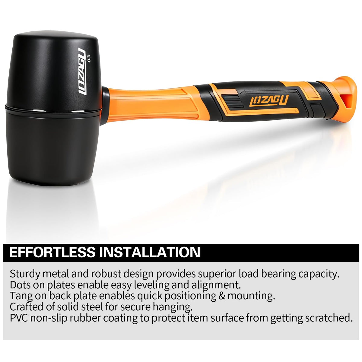 LOZAGU rubber mallet 24oz head close-up for balanced force on flooring and stakes