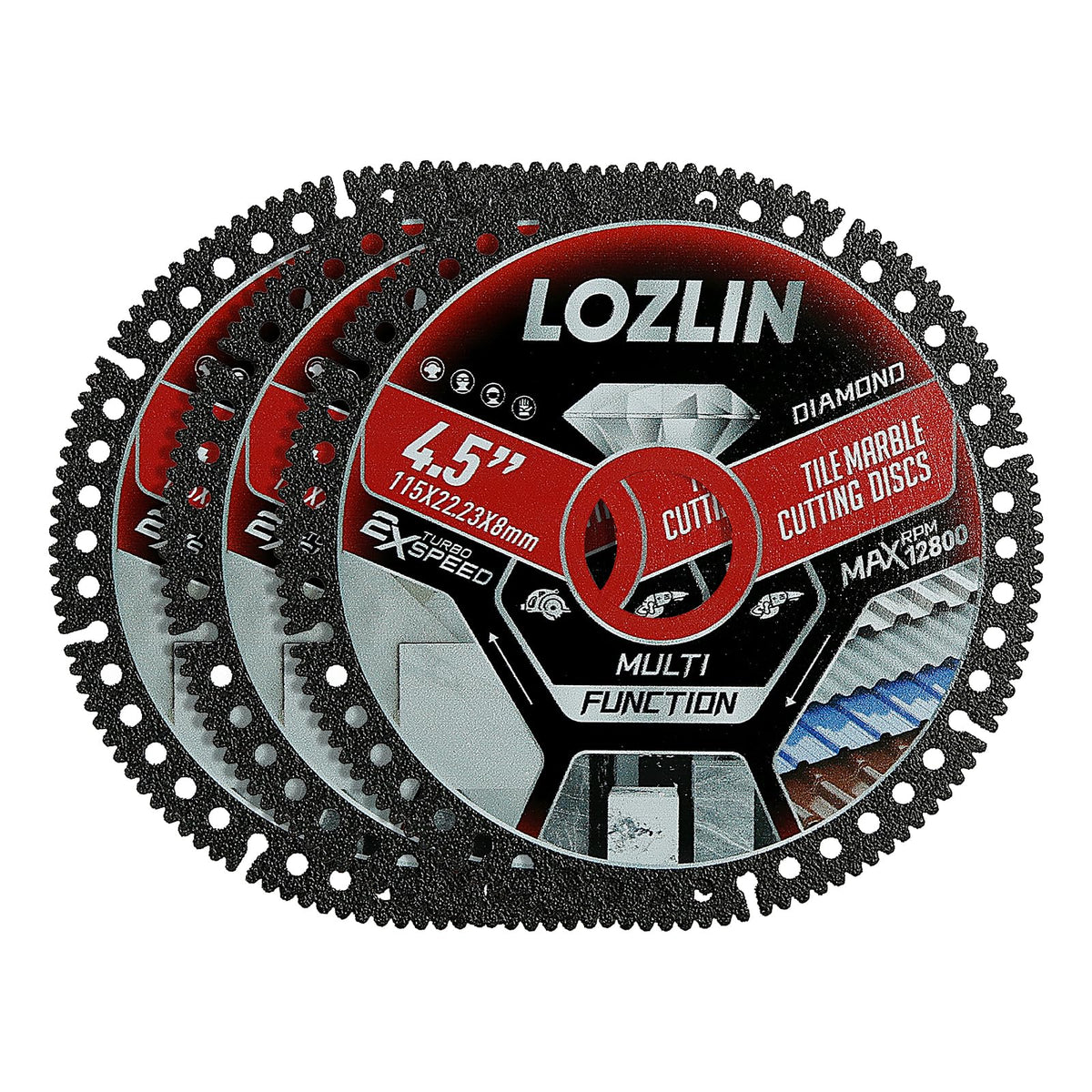 LOZLIN Diamond Blades 3PCS pack front view for versatile tile cutting.