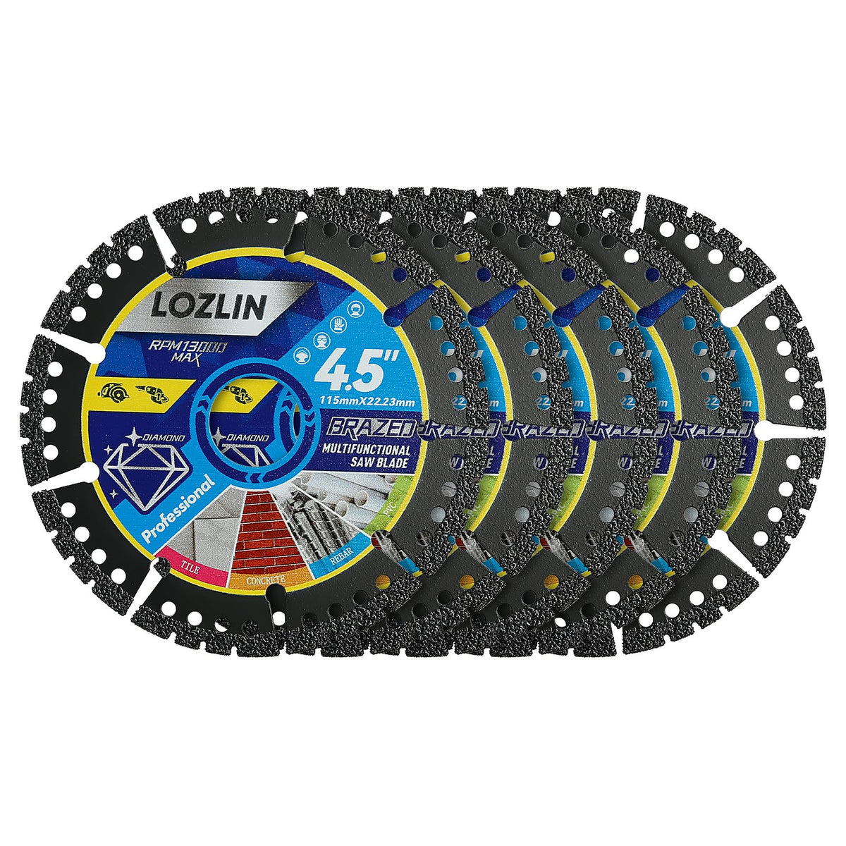 LOZLIN Diamond Blades 4.5-inch packaging shows a durable multi-pack for versatile cutting.