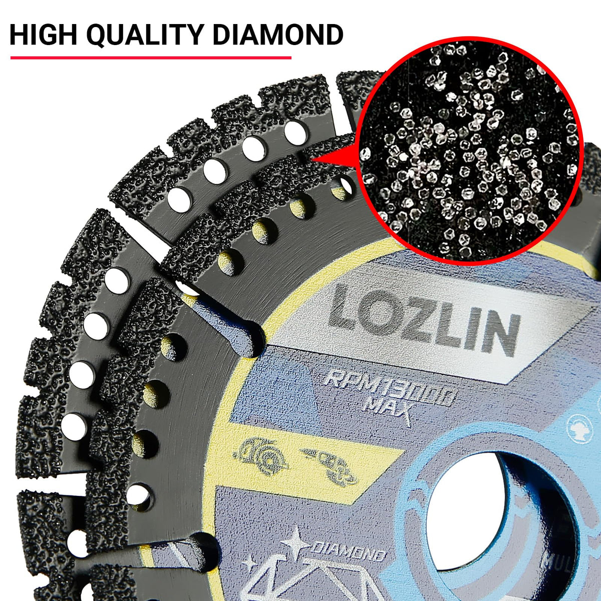 LOZLIN Diamond Blades arbor hole detail emphasizes universal fit with standard angle grinders.