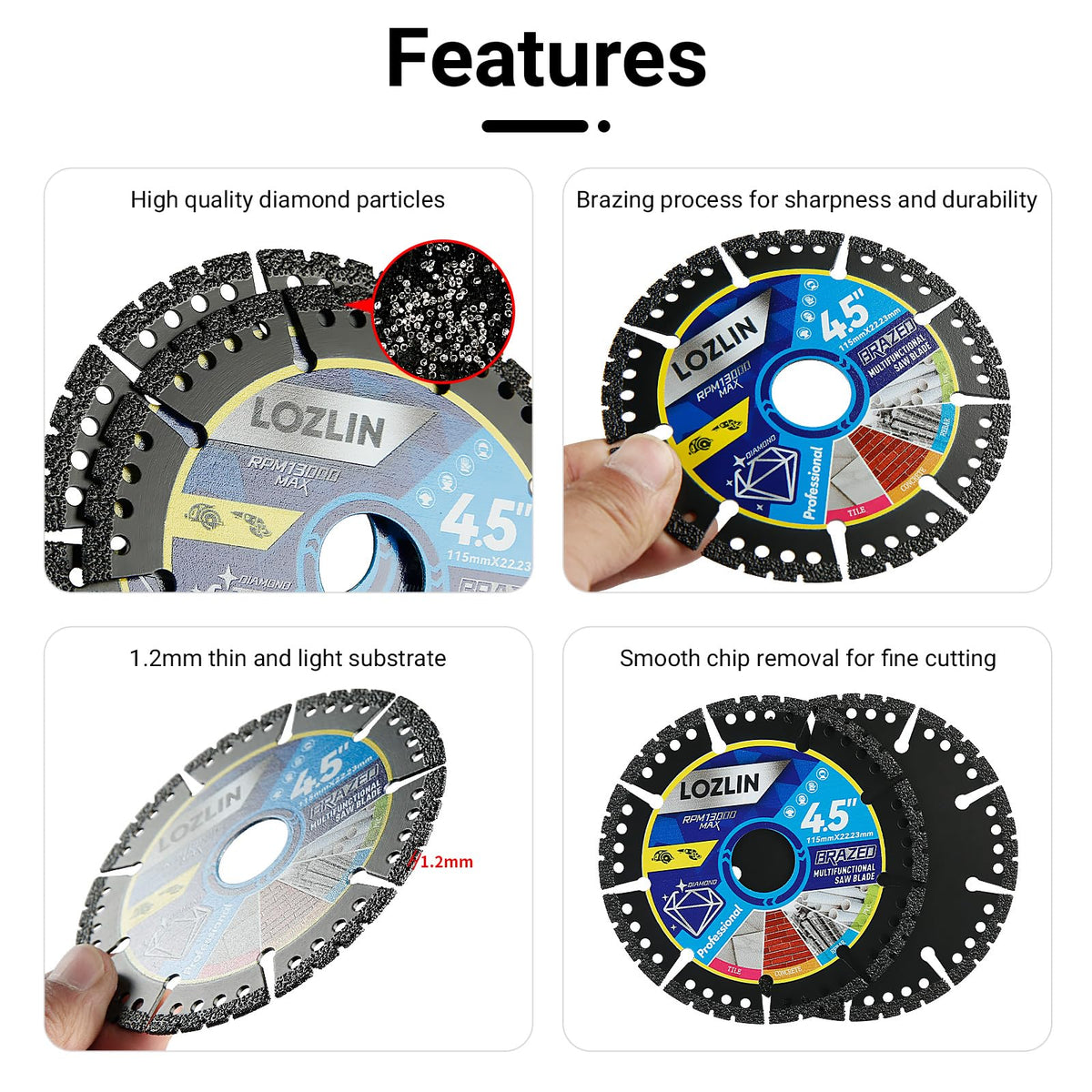 LOZLIN Diamond Blades multi-material cutting demonstrates capability across marble, quartz, and tile.