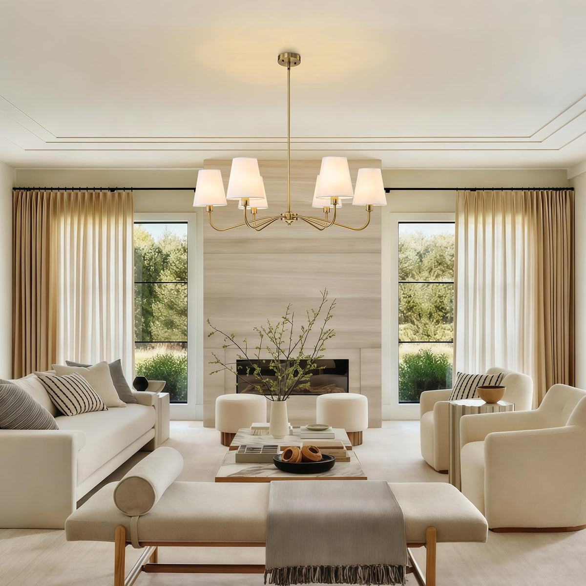 LOZOHOM 36-inch brass chandelier over kitchen dining area with modern touch.