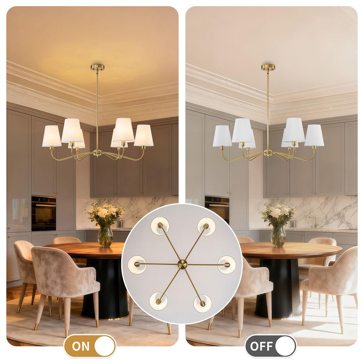 LOZOHOM dimmable brass chandelier with white shade for adjustable mood.