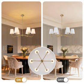 LOZOHOM dimmable brass chandelier with white shade for adjustable mood.