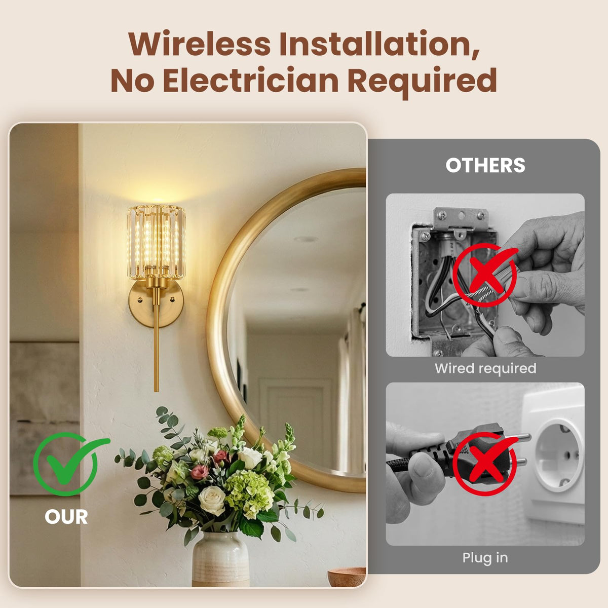 LPAIRO wireless sconce with 7500mAh battery for cordless daytime and evening use.