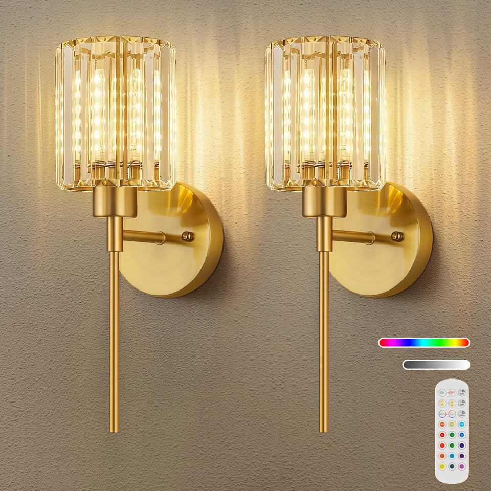 LPAIRO crystal wall sconce with brushed gold finish illuminates living spaces with warm ambient light.