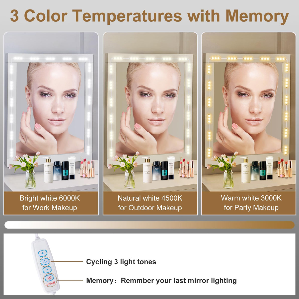 LPHUMEX LED vanity lights offer dimmable brightness for tailored makeup lighting.