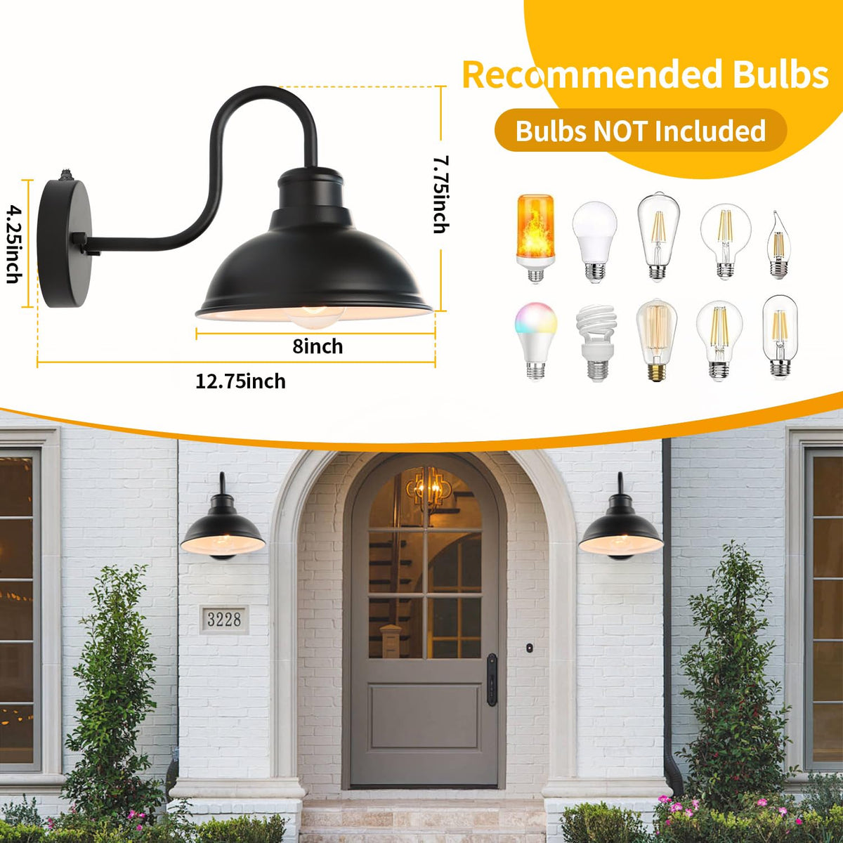 LPRZSG gooseneck barn light mounted on porch for weatherproof durability.
