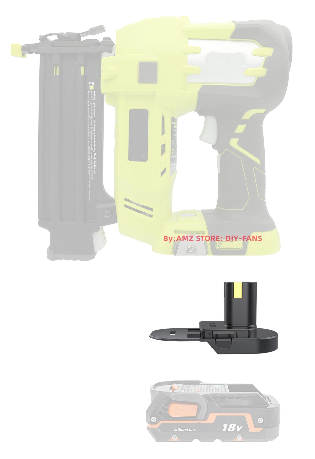 LQ-18RY adapter close-up showing compact ABS design for Ryobi and Ridgid batteries