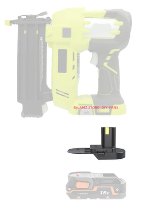 LQ-18RY adapter close-up showing compact ABS design for Ryobi and Ridgid batteries